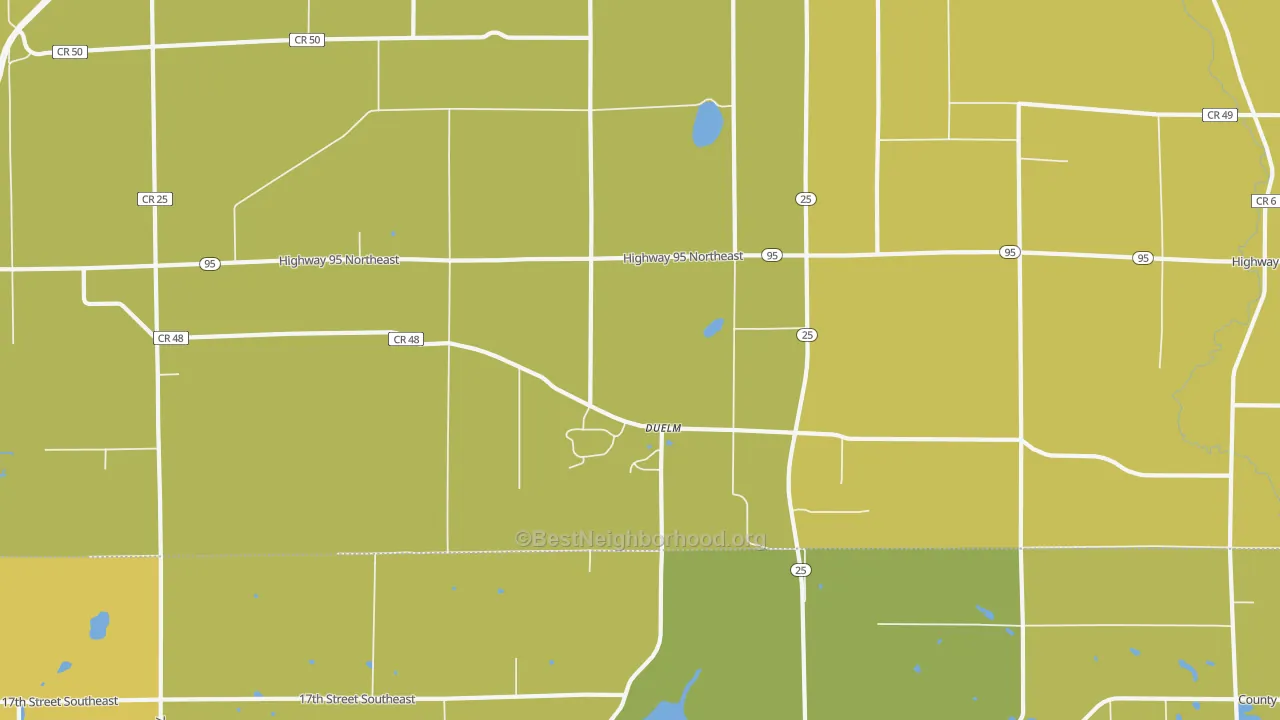 Map of the best neighborhoods in the Duelm area, with better matches in green and worse matches in red