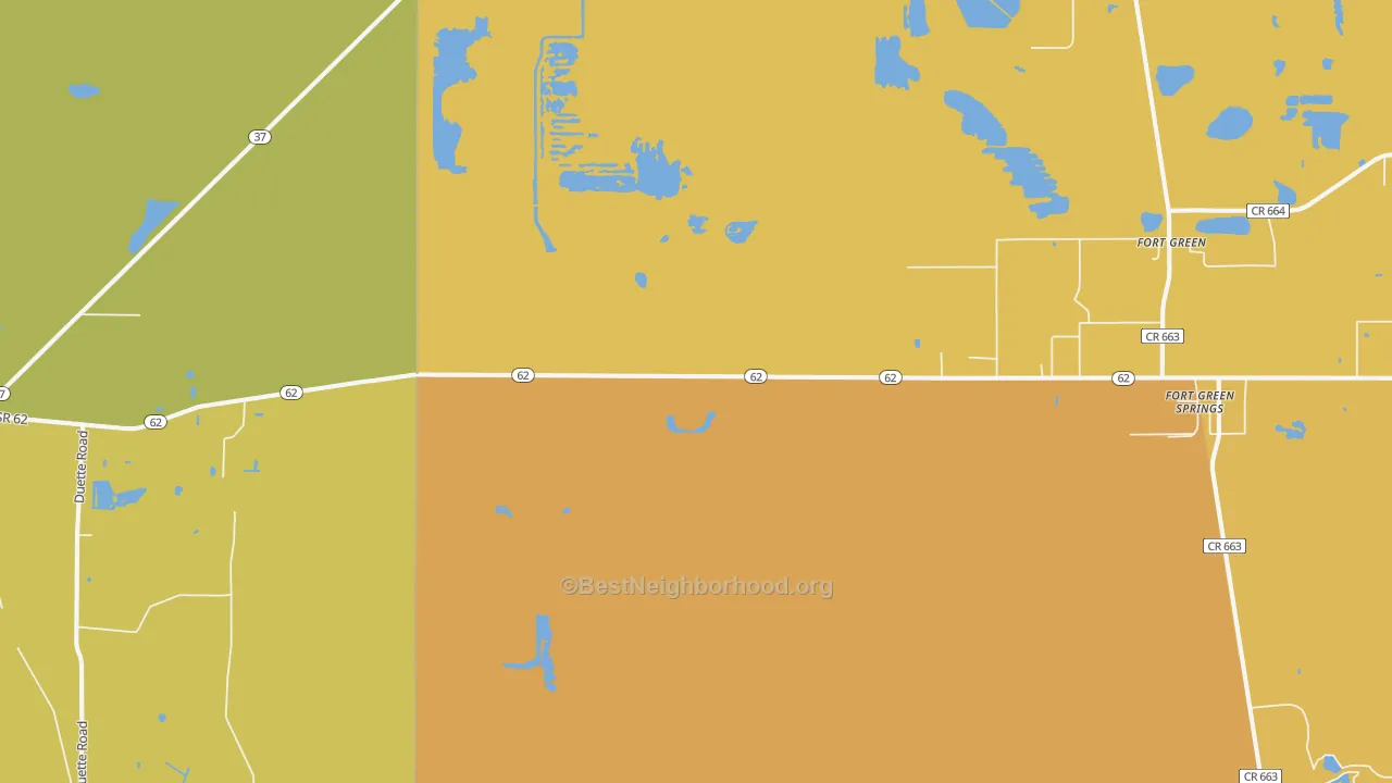 Map of the best neighborhoods in the Duette area, with better matches in green and worse matches in red