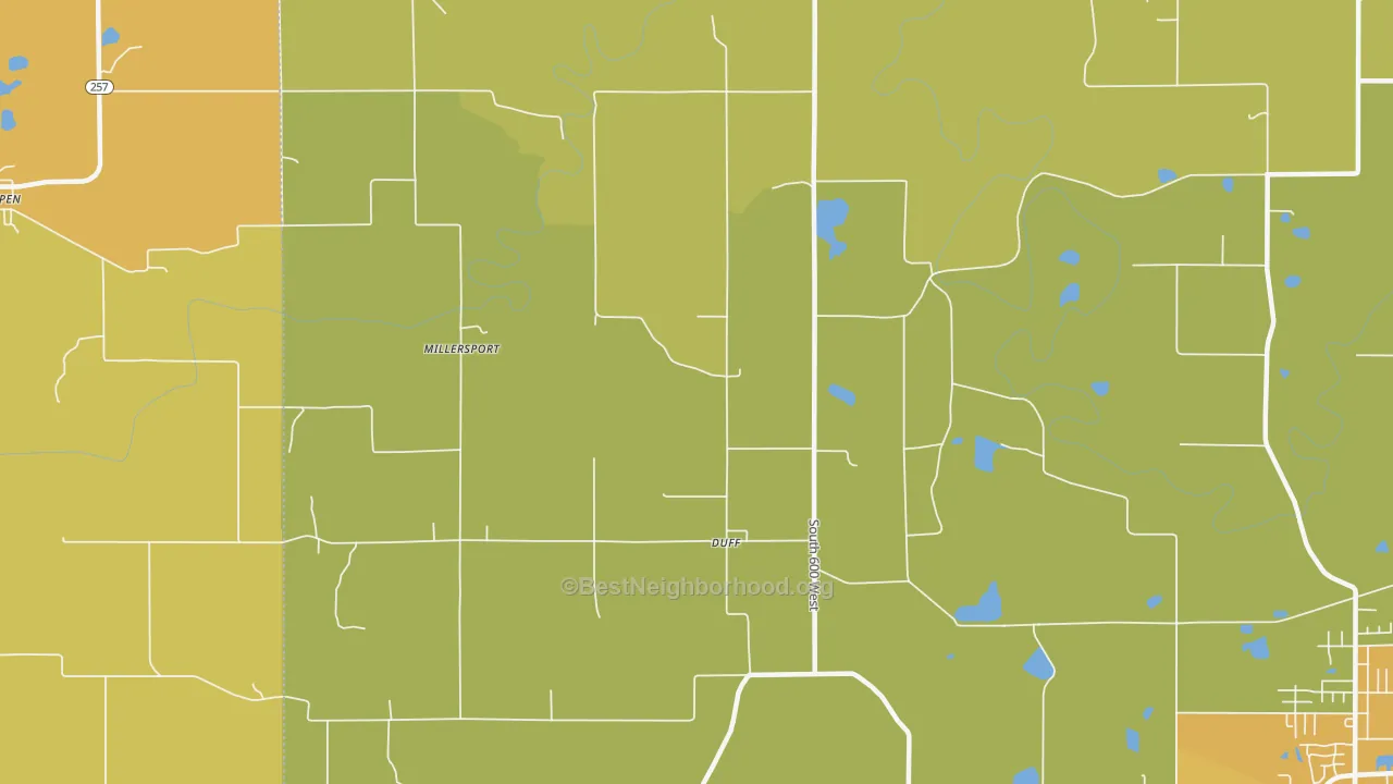Map of the best neighborhoods in the Duff area, with better matches in green and worse matches in red