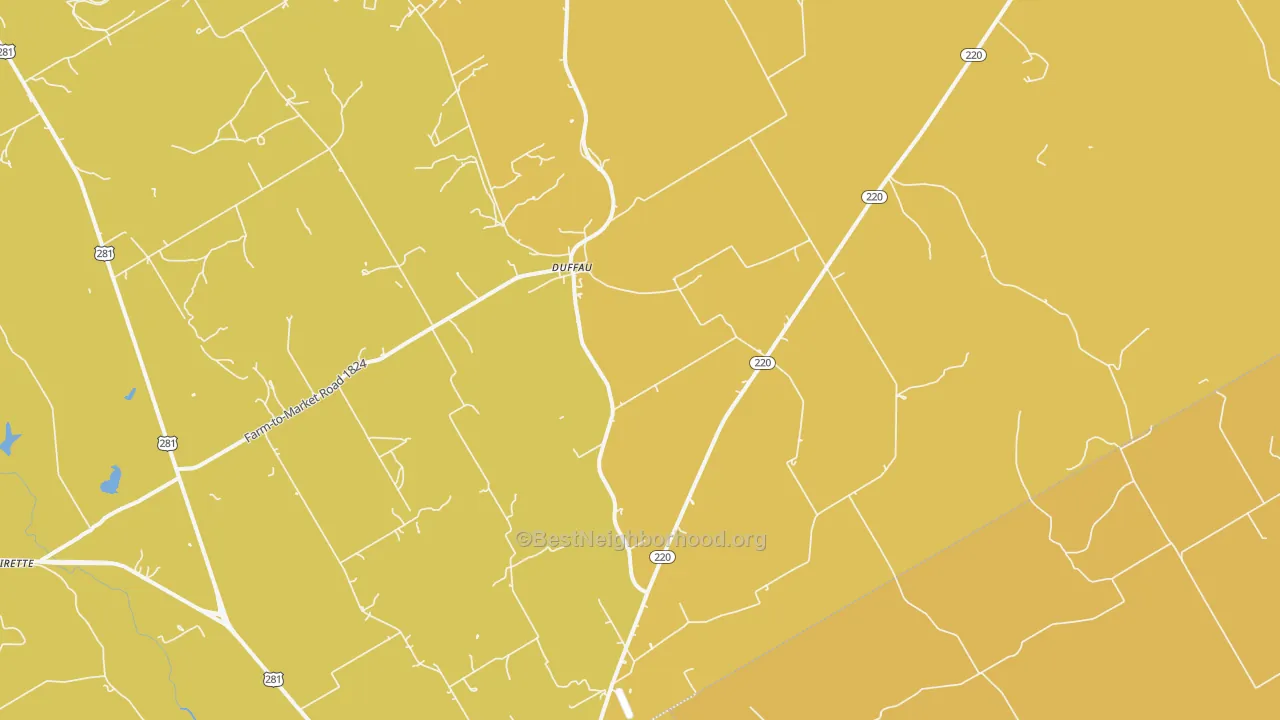 Map of the best neighborhoods in the Duffau area, with better matches in green and worse matches in red