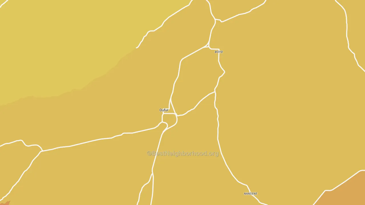 Map of the best neighborhoods in the Dufur area, with better matches in green and worse matches in red