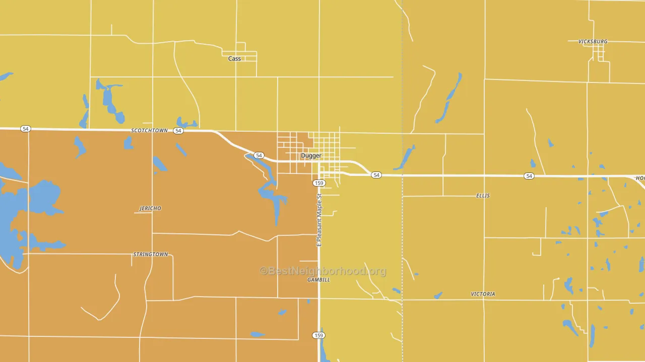 Map of the best neighborhoods in the Dugger area, with better matches in green and worse matches in red