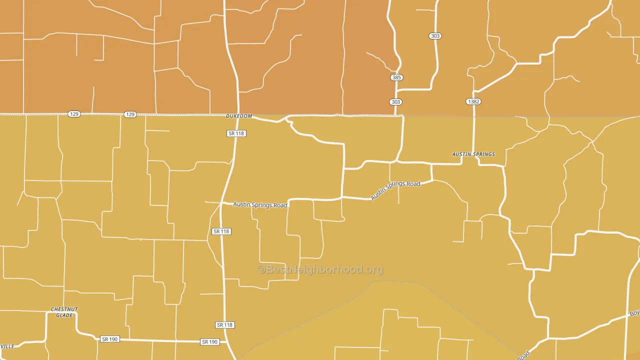 Map of the best neighborhoods in the Dukedom area, with better matches in green and worse matches in red