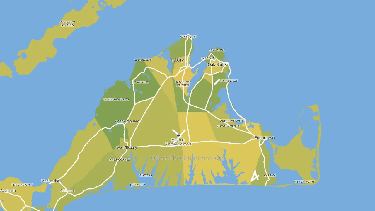 Map of the best neighborhoods in the Dukes County area, with better matches in green and worse matches in red