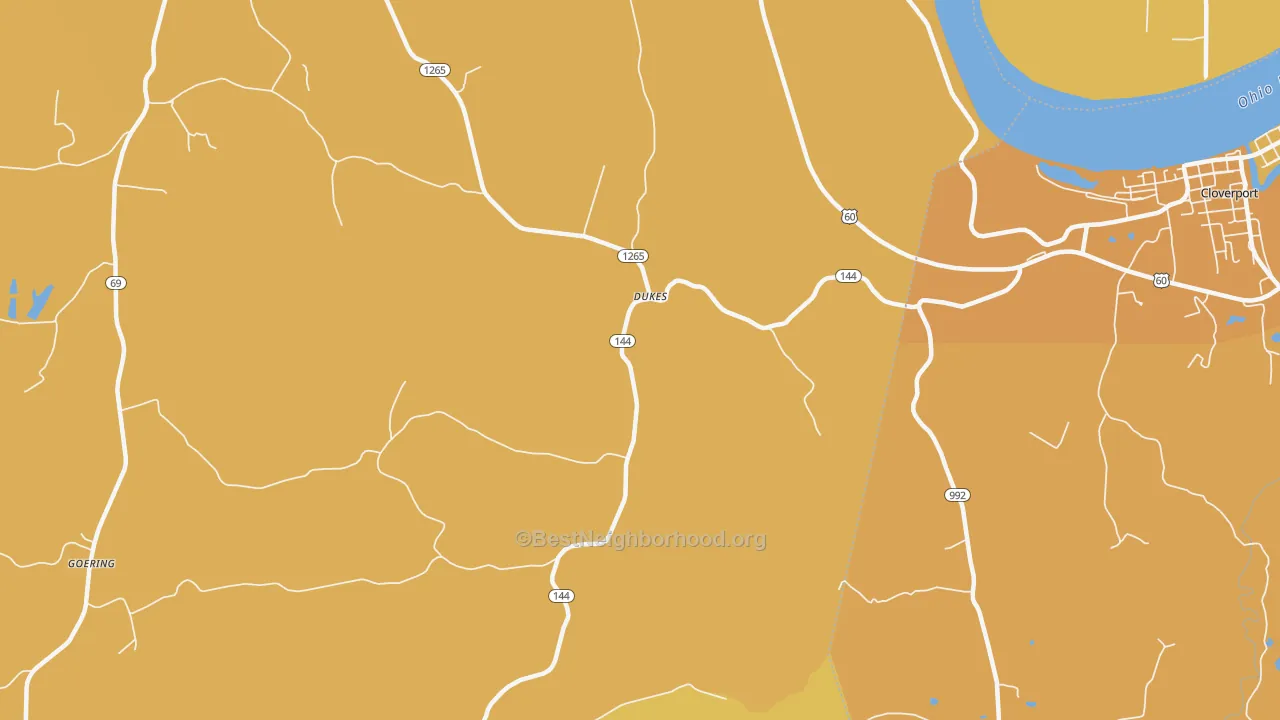 Map of the best neighborhoods in the Dukes area, with better matches in green and worse matches in red