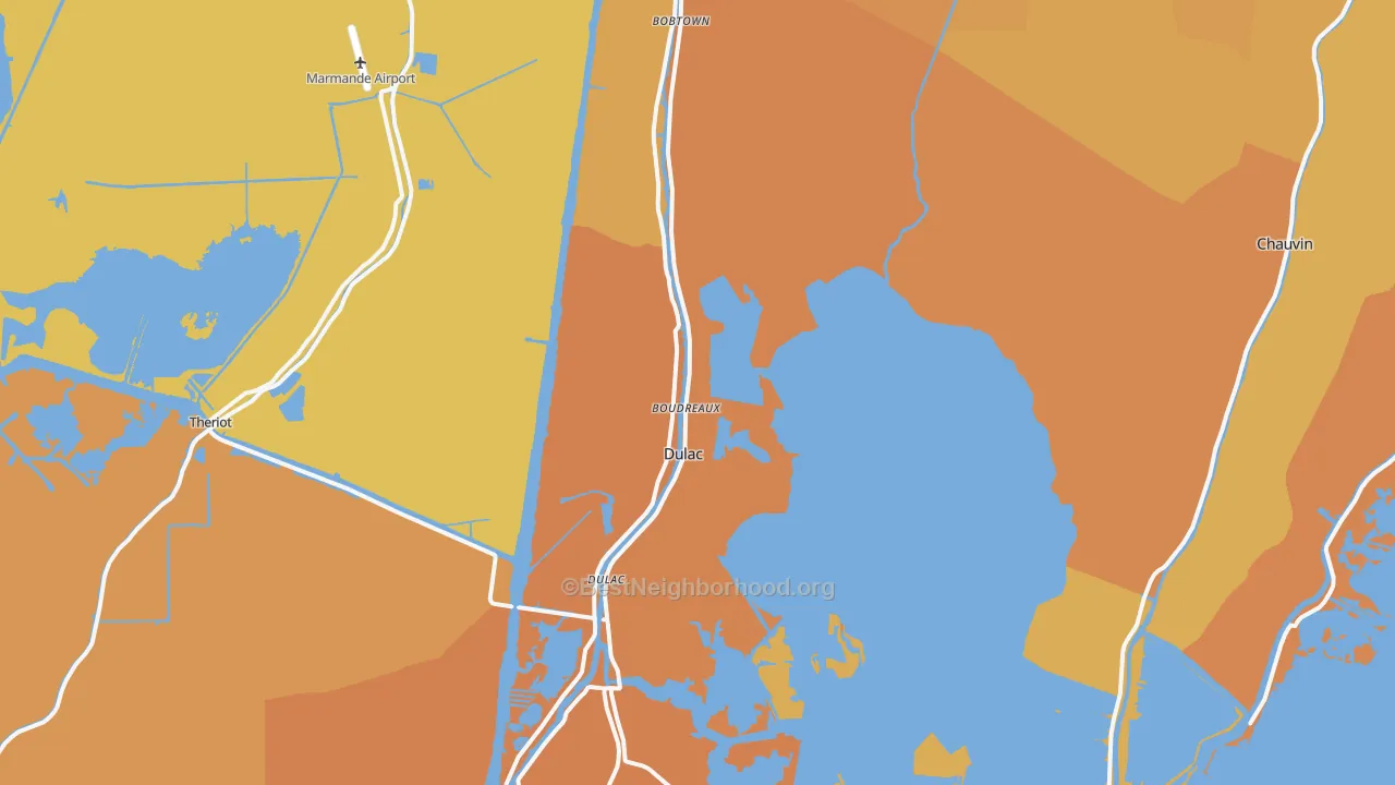 Map of the best neighborhoods in the Dulac area, with better matches in green and worse matches in red