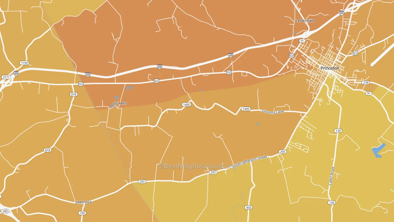 Map of the best neighborhoods in the Dulaney area, with better matches in green and worse matches in red