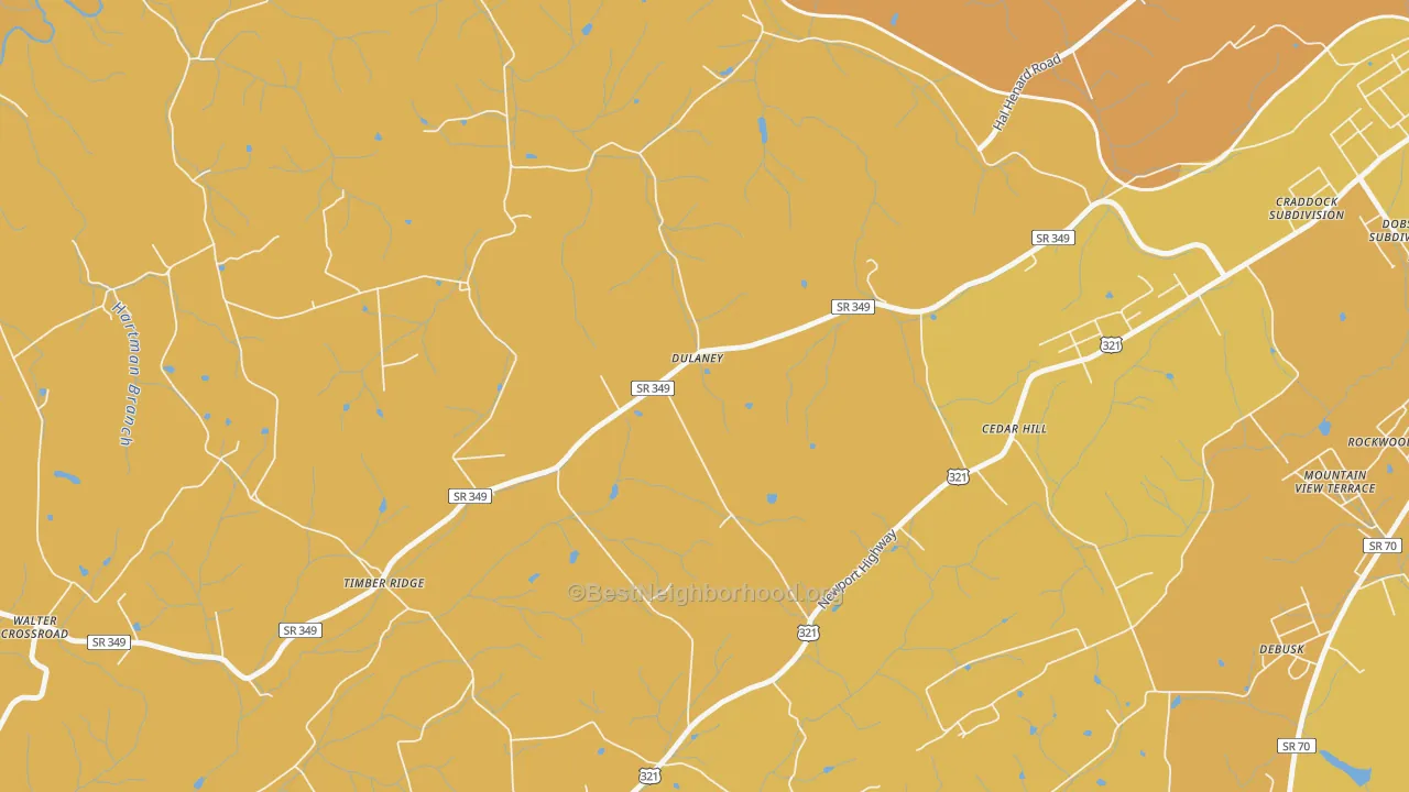 Map of the best neighborhoods in the Dulaney area, with better matches in green and worse matches in red