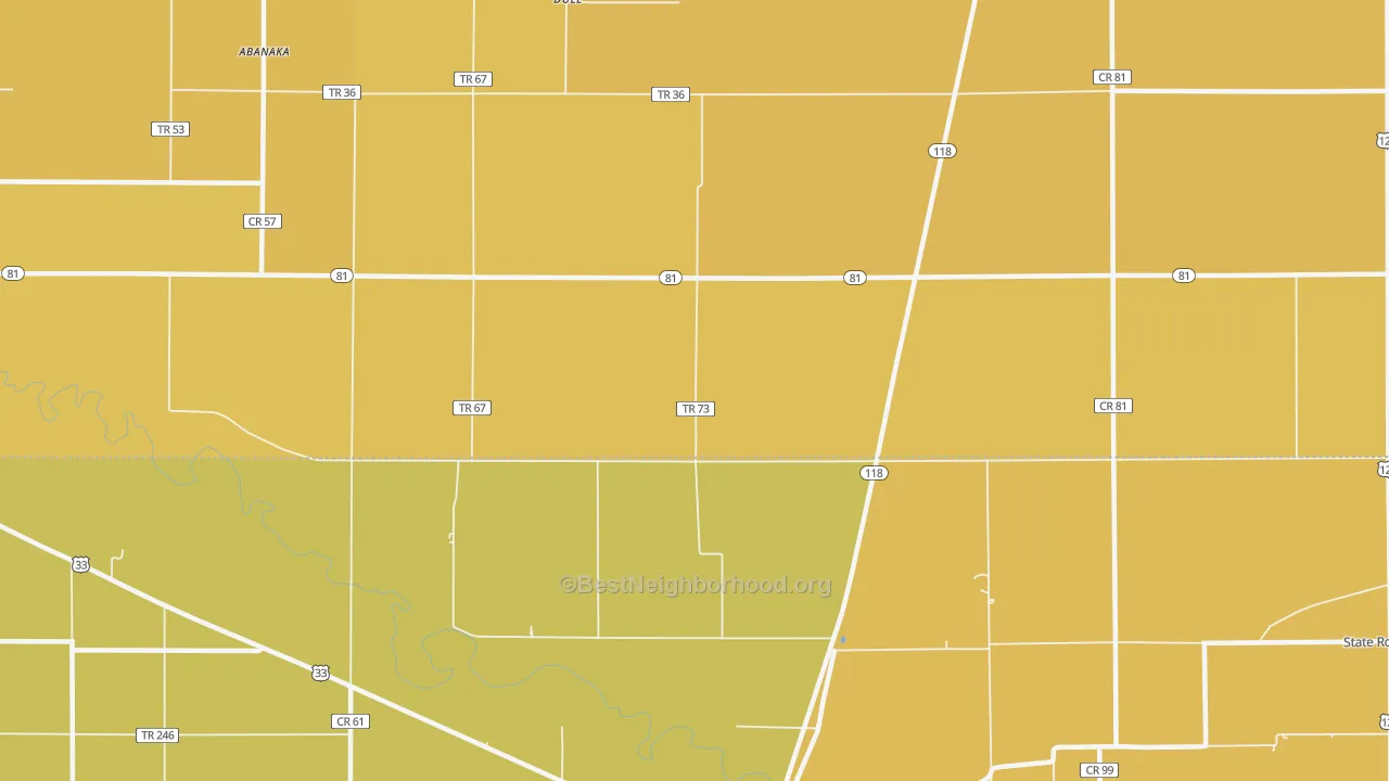 Map of the best neighborhoods in the Dull area, with better matches in green and worse matches in red