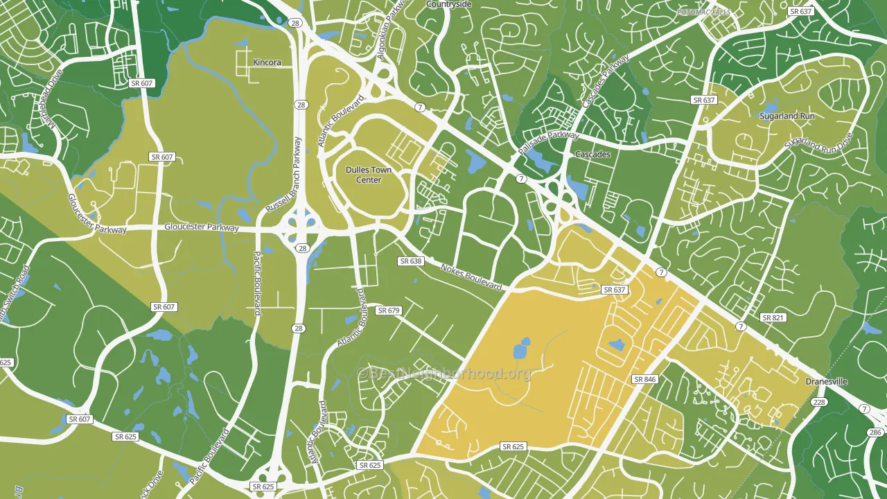 Map of the best neighborhoods in the Dulles Town Center area, with better matches in green and worse matches in red