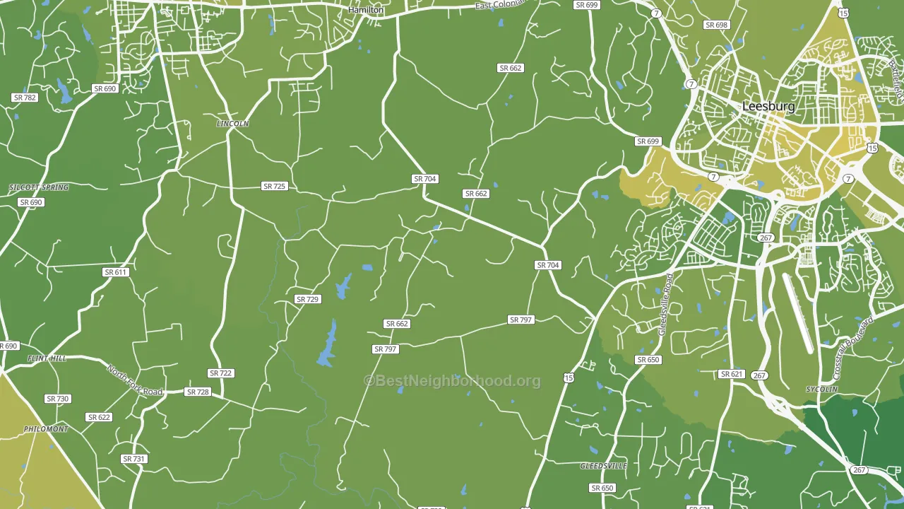 Map of the best neighborhoods in the Dulles area, with better matches in green and worse matches in red
