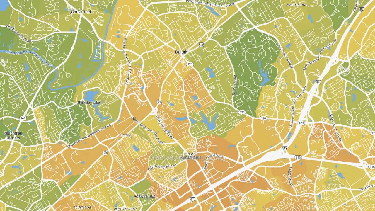 Map of the best neighborhoods in the Duluth area, with better matches in green and worse matches in red