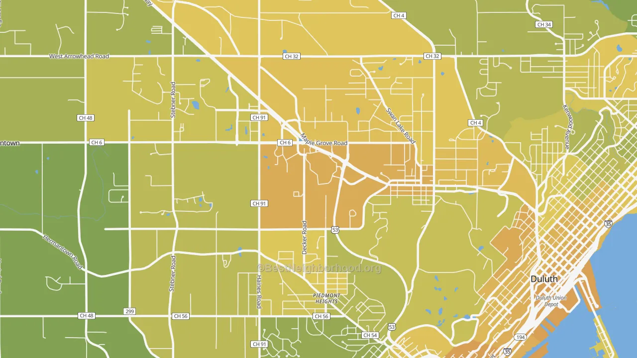 Map of the best neighborhoods in the Duluth Heights, Duluth area, with better matches in green and worse matches in red