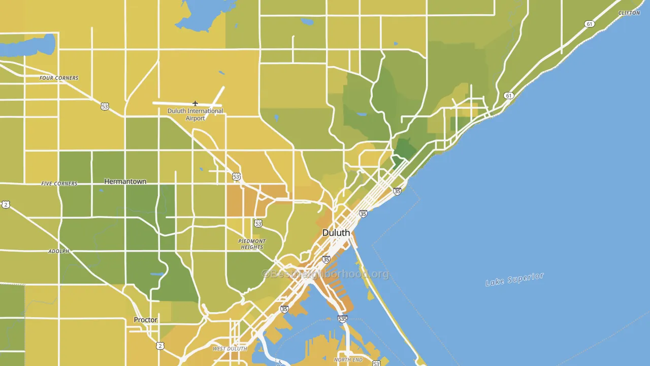 Map of the best neighborhoods in the Duluth Metro area, with better matches in green and worse matches in red