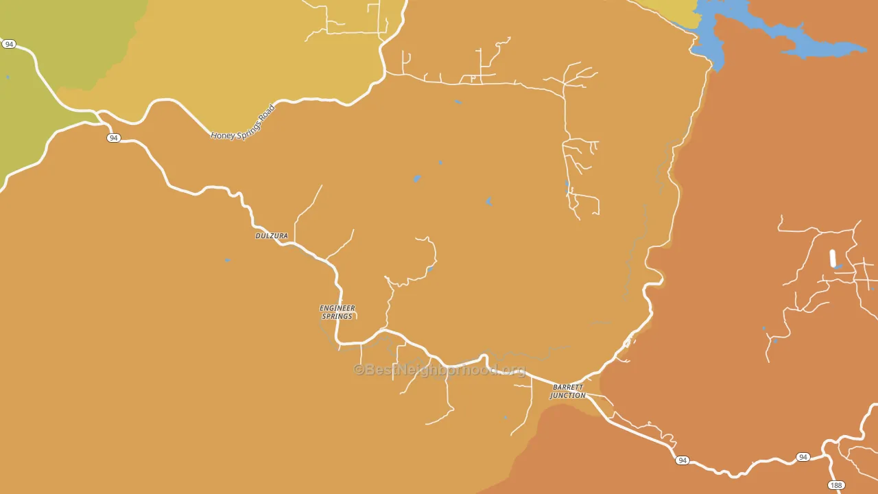 Map of the best neighborhoods in the Dulzura area, with better matches in green and worse matches in red