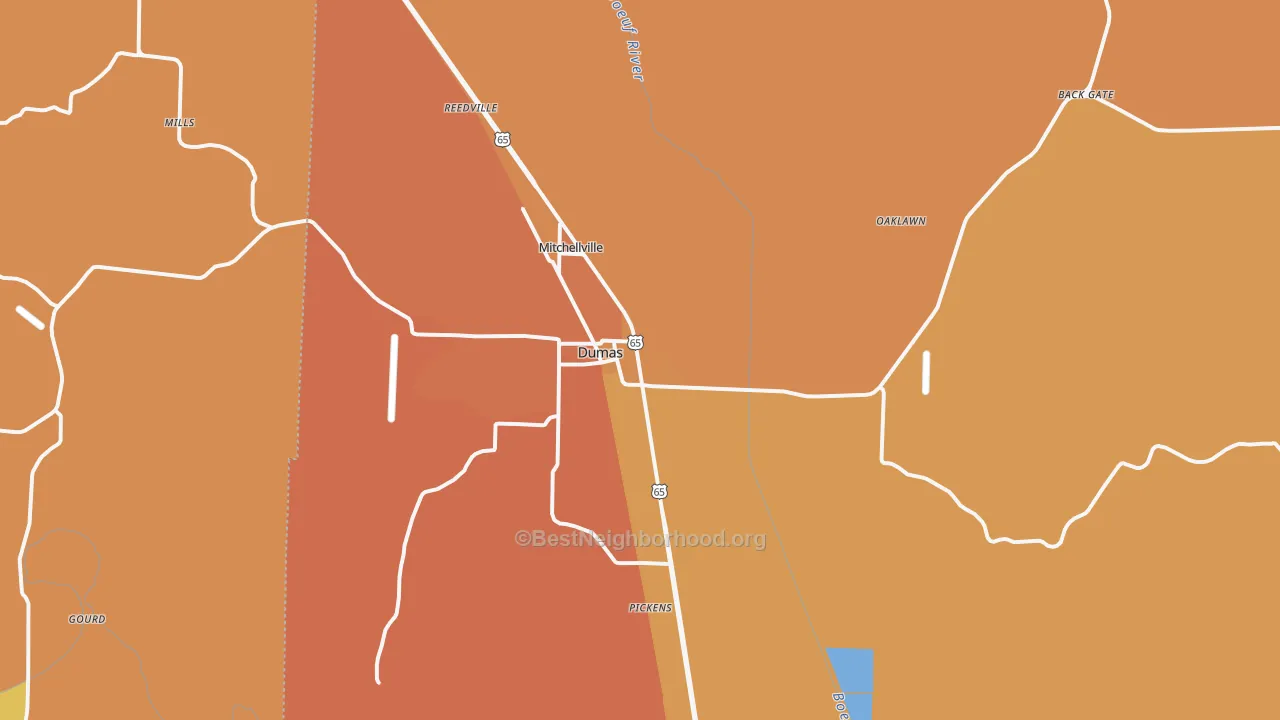 Map of the best neighborhoods in the Dumas area, with better matches in green and worse matches in red