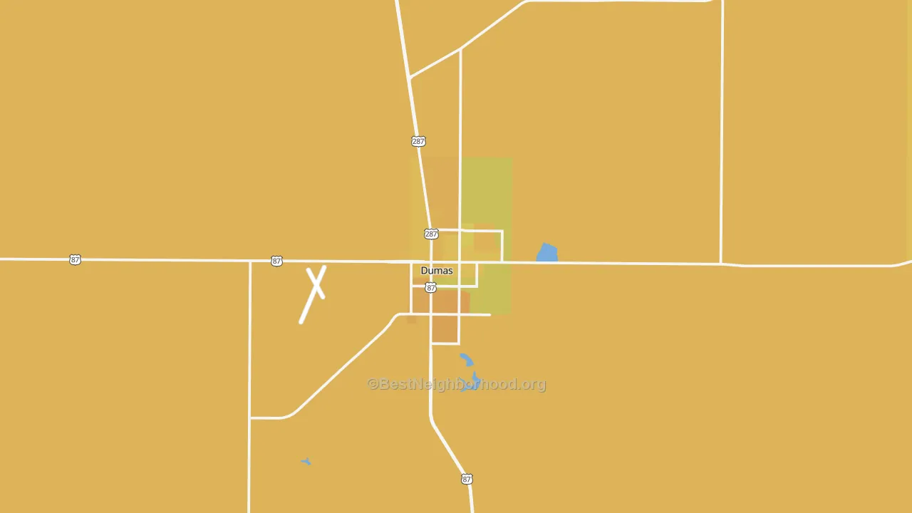 Map of the best neighborhoods in the Dumas area, with better matches in green and worse matches in red