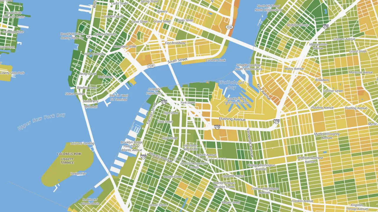 Map of the best neighborhoods in the Dumbo, Brooklyn area, with better matches in green and worse matches in red