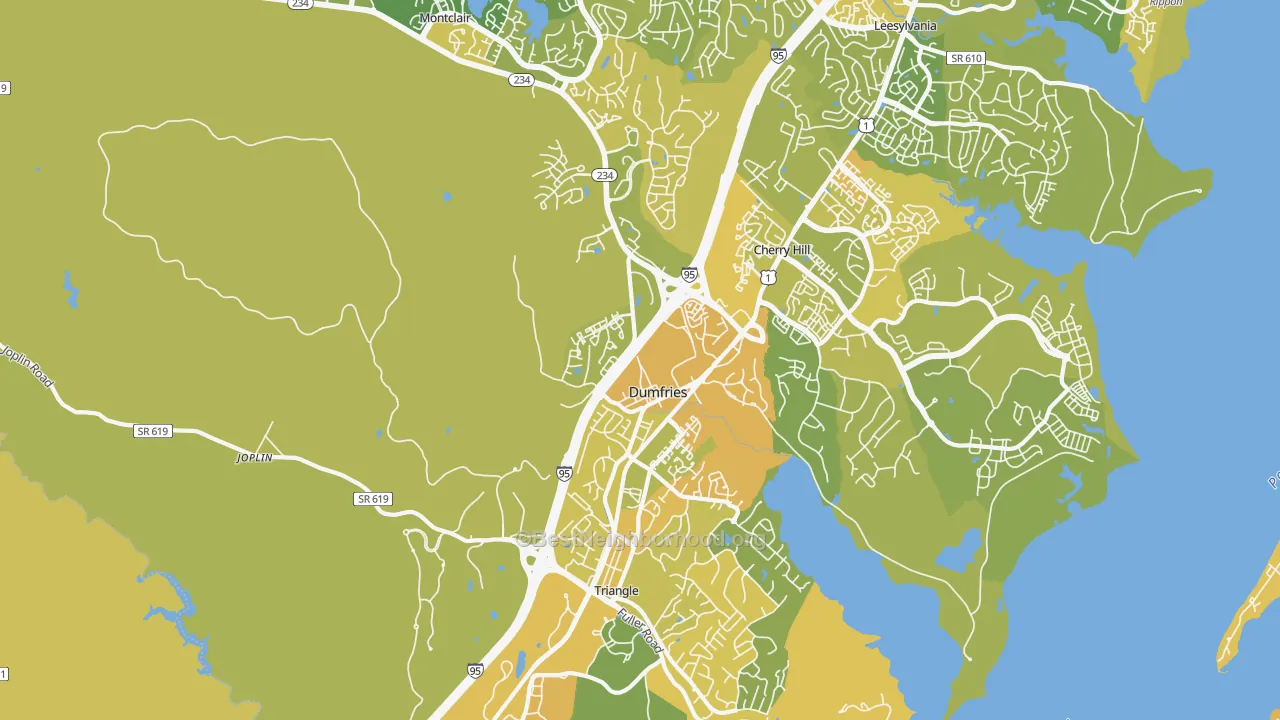 Map of the best neighborhoods in the Dumfries area, with better matches in green and worse matches in red