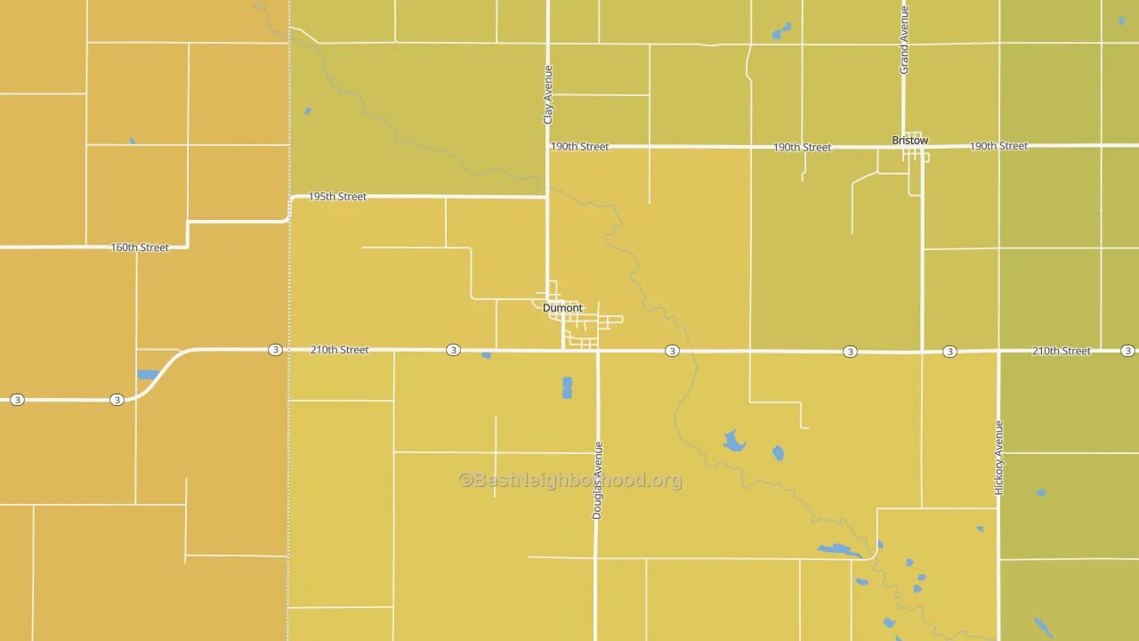 Map of the best neighborhoods in the Dumont area, with better matches in green and worse matches in red