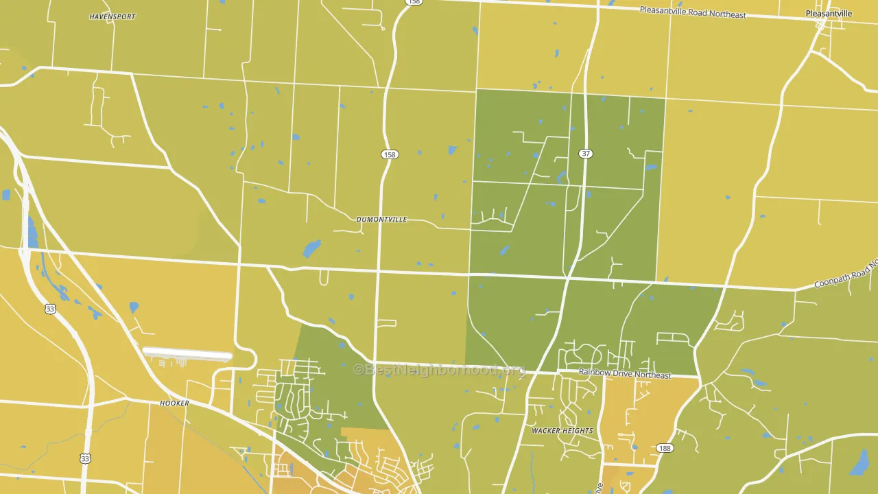 Map of the best neighborhoods in the Dumontville area, with better matches in green and worse matches in red