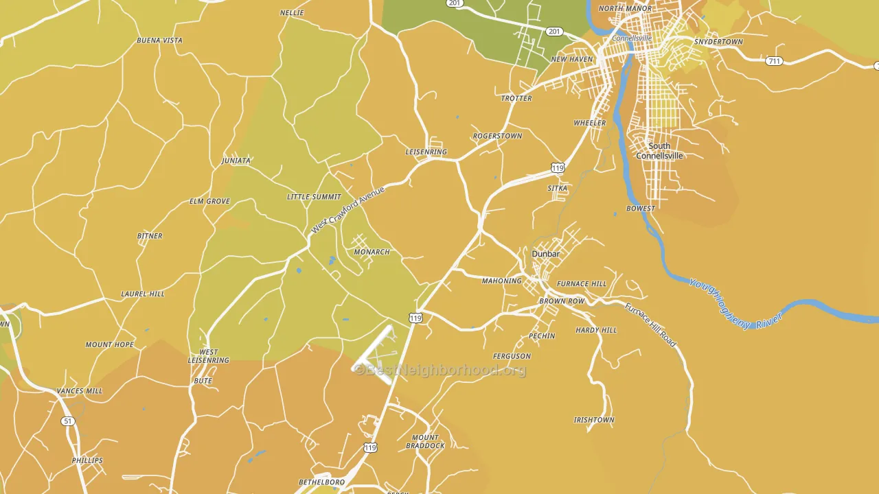 Map of the best neighborhoods in the Dunbar area, with better matches in green and worse matches in red