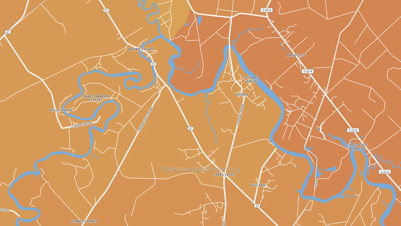 Map of the best neighborhoods in the Dunbar area, with better matches in green and worse matches in red