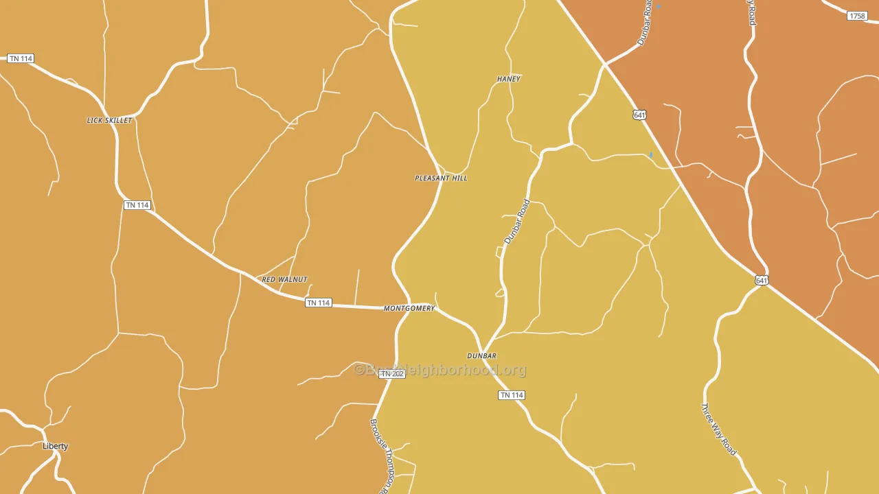 Map of the best neighborhoods in the Dunbar area, with better matches in green and worse matches in red
