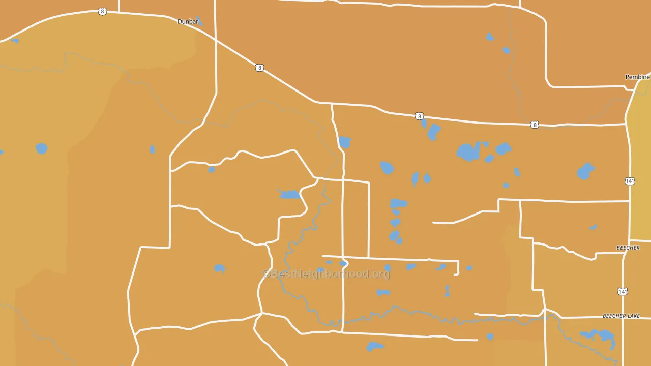 Map of the best neighborhoods in the Dunbar area, with better matches in green and worse matches in red