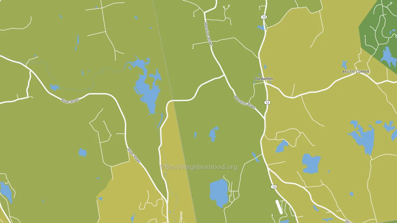 Map of the best neighborhoods in the Dunbarton Center area, with better matches in green and worse matches in red