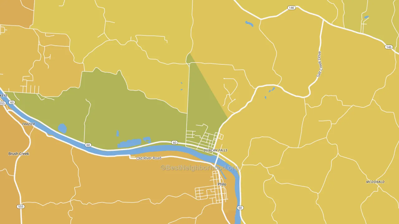 Map of the best neighborhoods in the Duncan Falls area, with better matches in green and worse matches in red