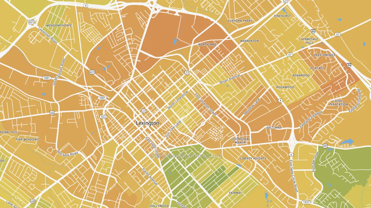 Map of the best neighborhoods in the Duncan Park, Lexington area, with better matches in green and worse matches in red