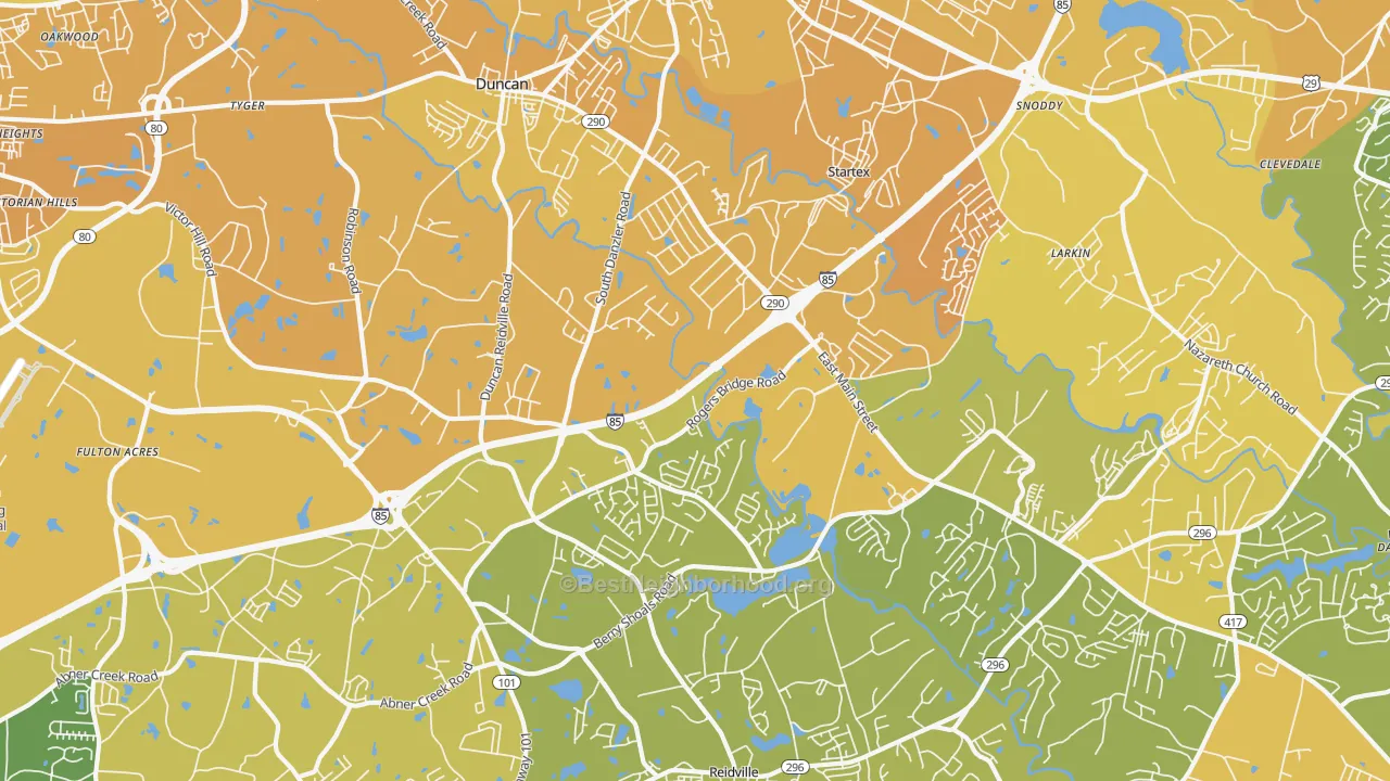 Map of the best neighborhoods in the Duncan area, with better matches in green and worse matches in red