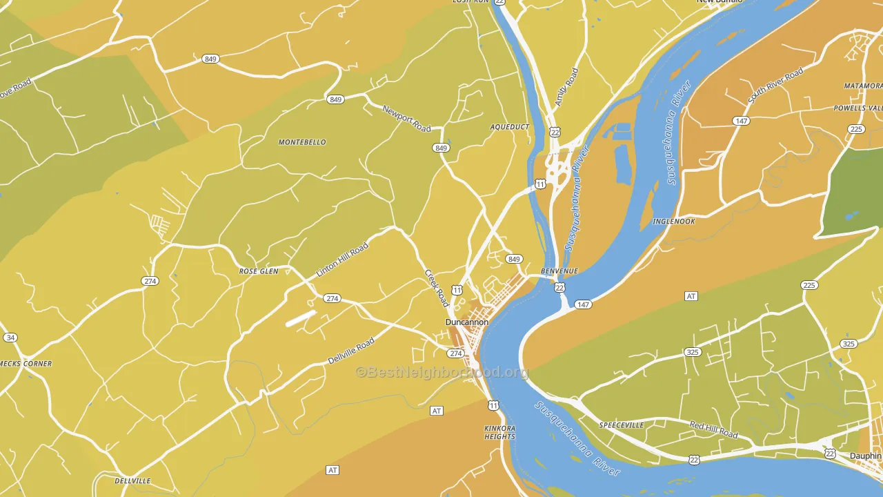 Map of the best neighborhoods in the Duncannon area, with better matches in green and worse matches in red