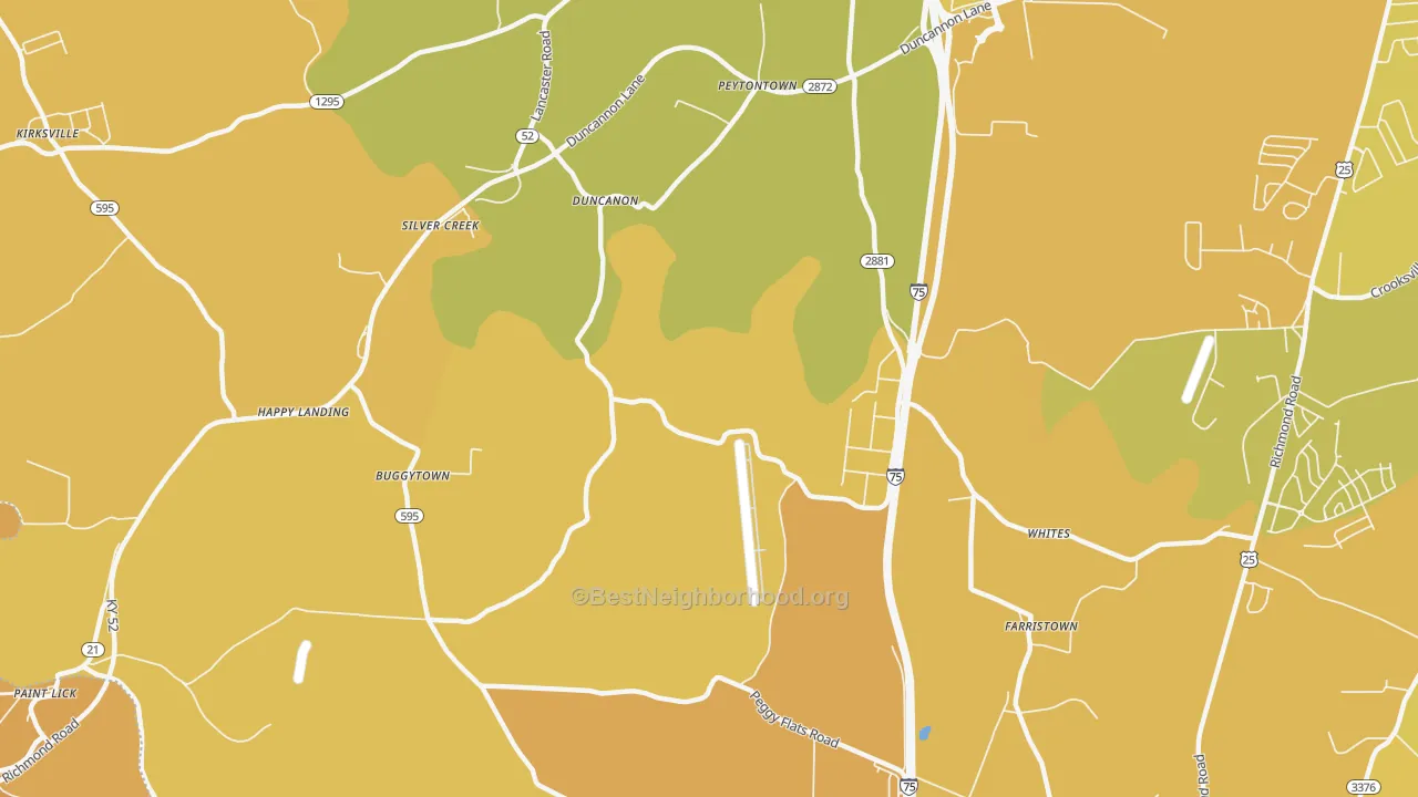 Map of the best neighborhoods in the Duncanon area, with better matches in green and worse matches in red
