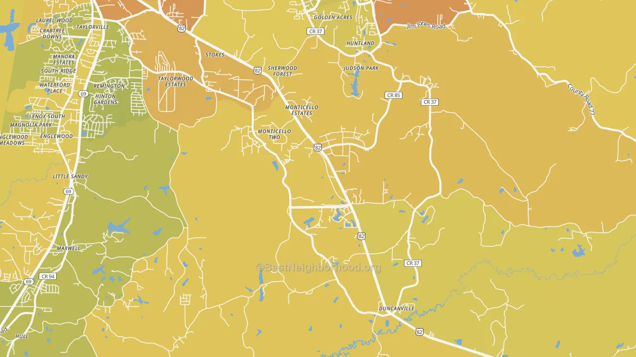 Map of the best neighborhoods in the Duncanville area, with better matches in green and worse matches in red
