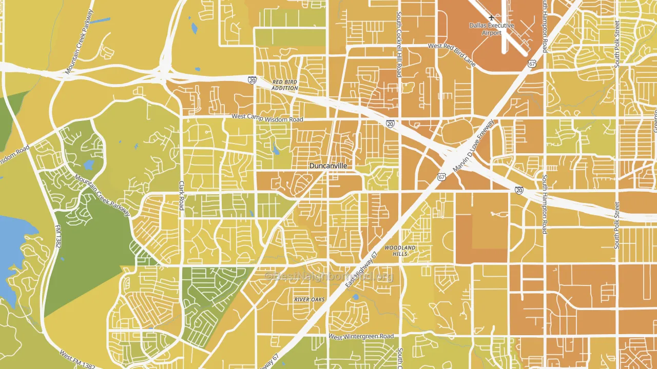 Map of the best neighborhoods in the Duncanville area, with better matches in green and worse matches in red