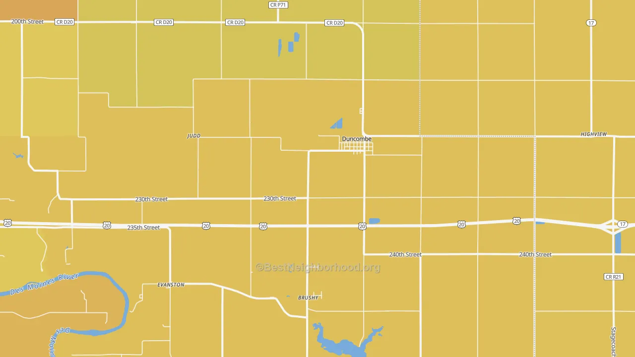 Map of the best neighborhoods in the Duncombe area, with better matches in green and worse matches in red