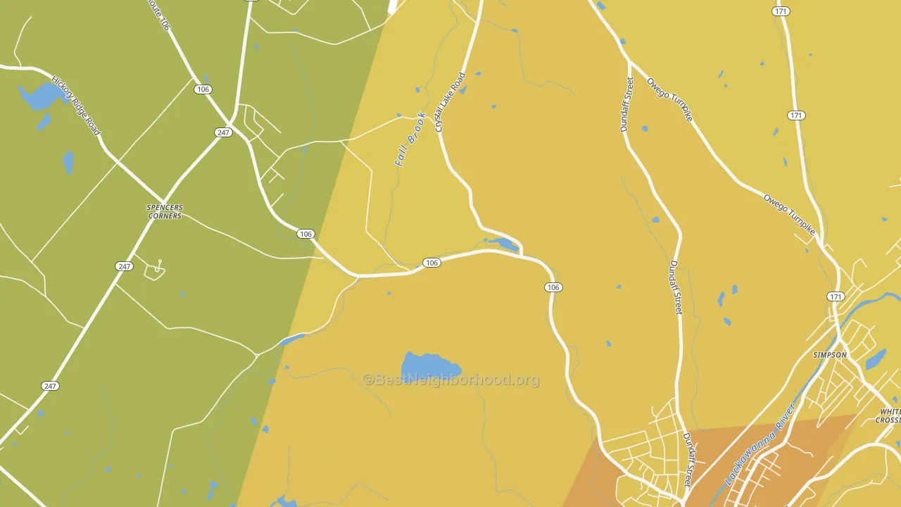 Map of the best neighborhoods in the Dundaff area, with better matches in green and worse matches in red