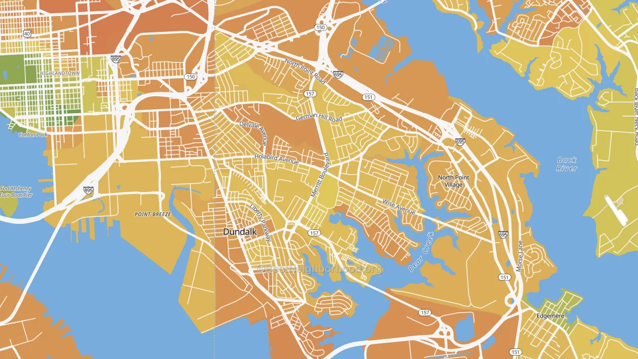 Map of the best neighborhoods in the Dundalk area, with better matches in green and worse matches in red