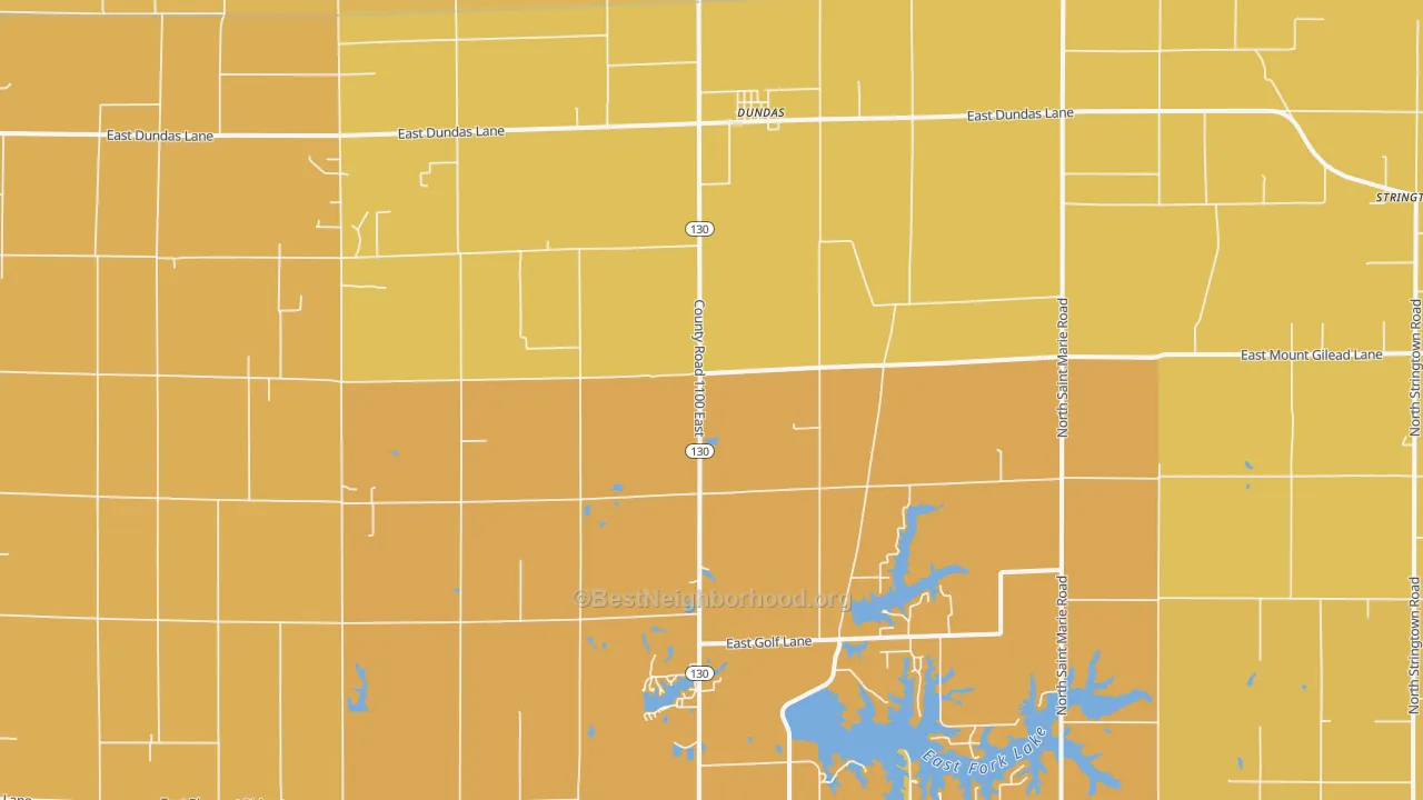 Map of the best neighborhoods in the Dundas area, with better matches in green and worse matches in red