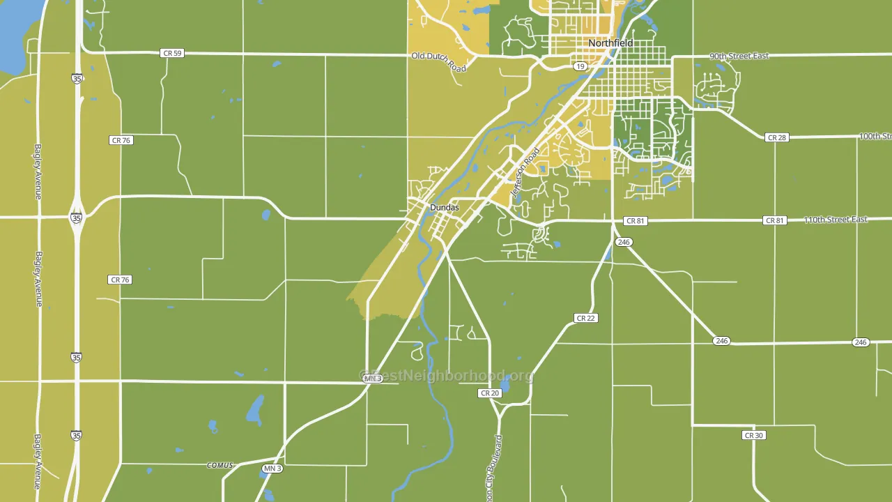 Map of the best neighborhoods in the Dundas area, with better matches in green and worse matches in red