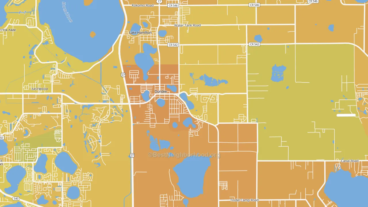 Map of the best neighborhoods in the Dundee area, with better matches in green and worse matches in red
