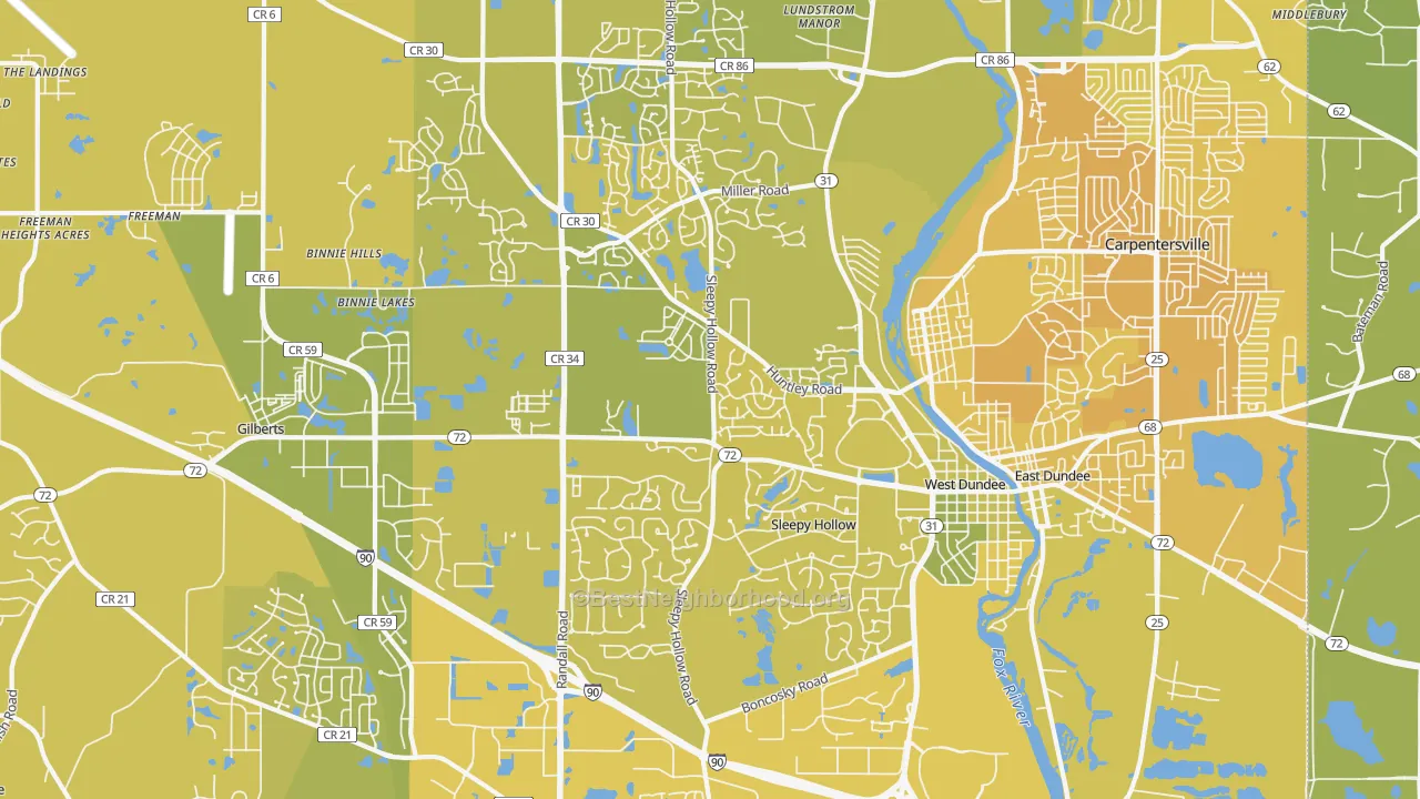 Map of the best neighborhoods in the Dundee area, with better matches in green and worse matches in red