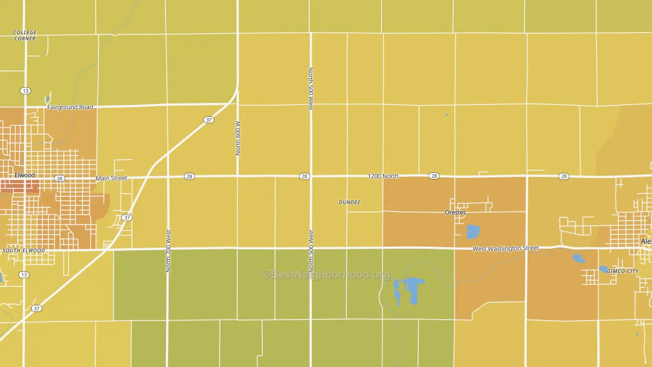 Map of the best neighborhoods in the Dundee area, with better matches in green and worse matches in red