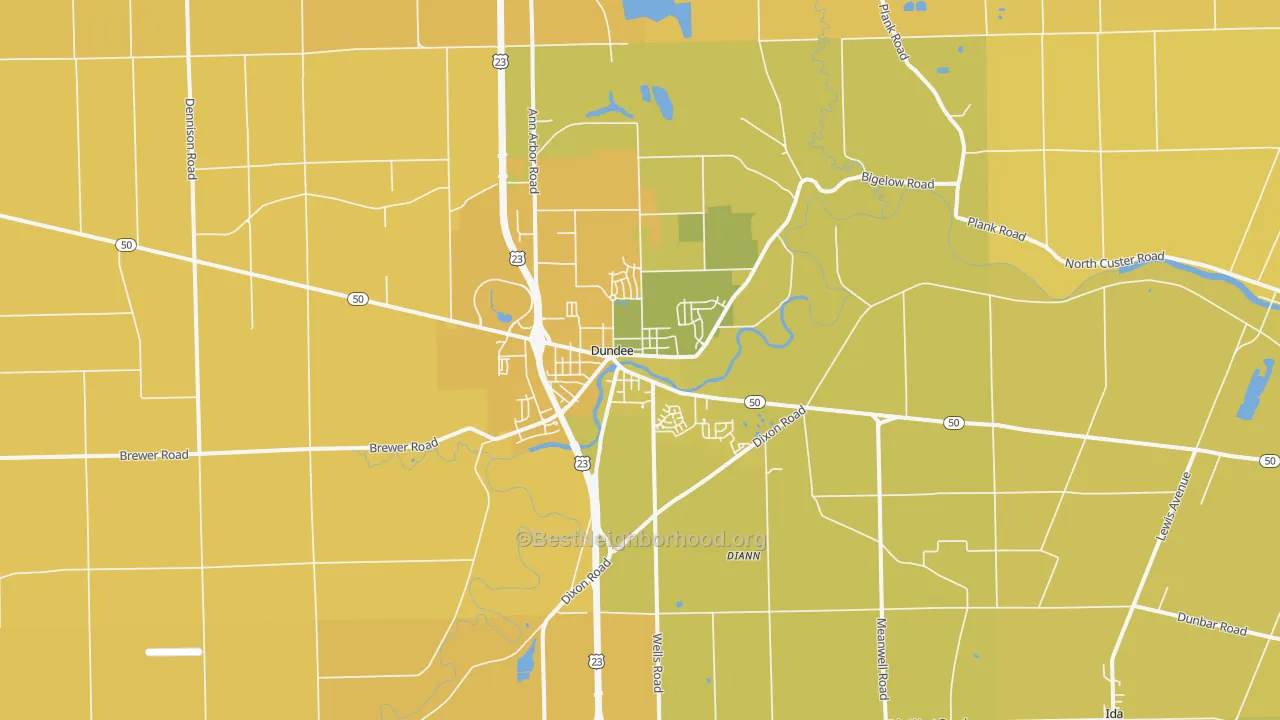 Map of the best neighborhoods in the Dundee area, with better matches in green and worse matches in red