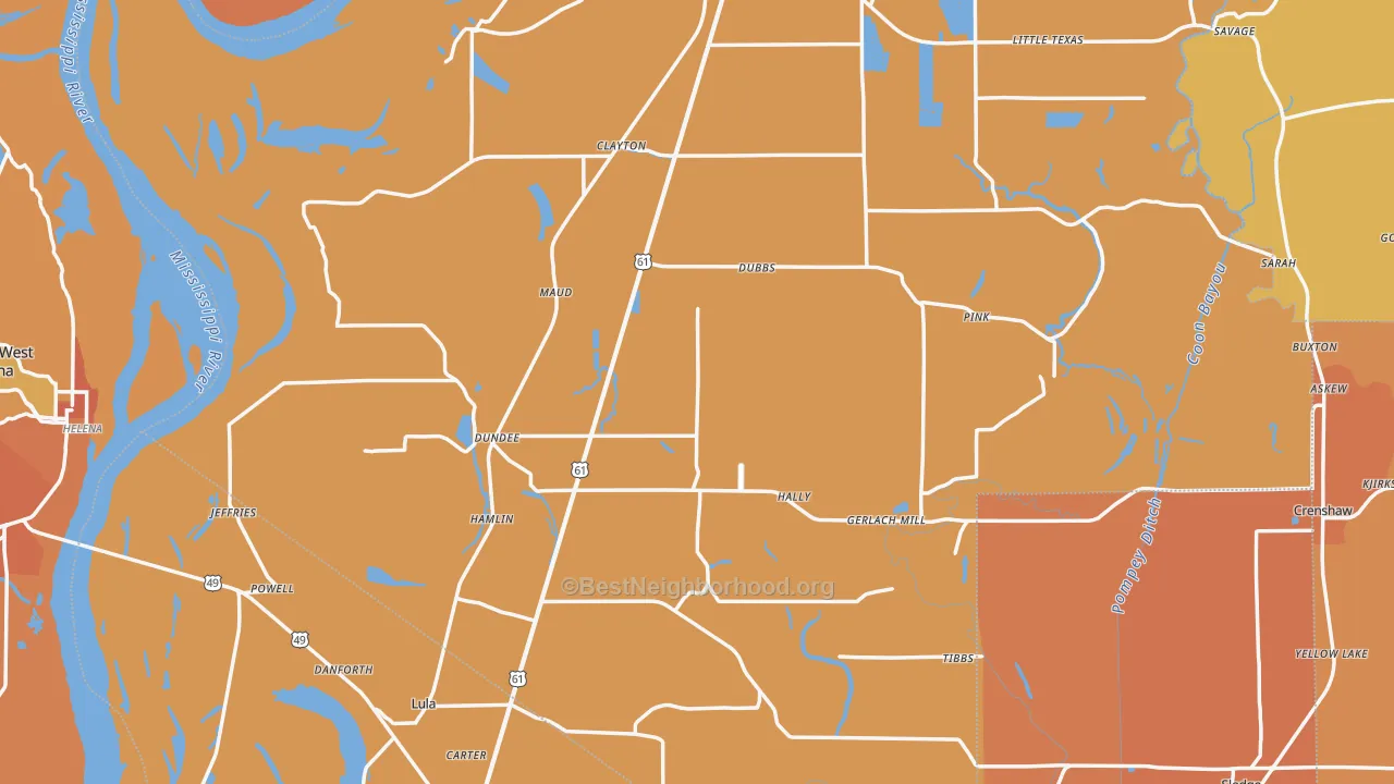 Map of the best neighborhoods in the Dundee area, with better matches in green and worse matches in red