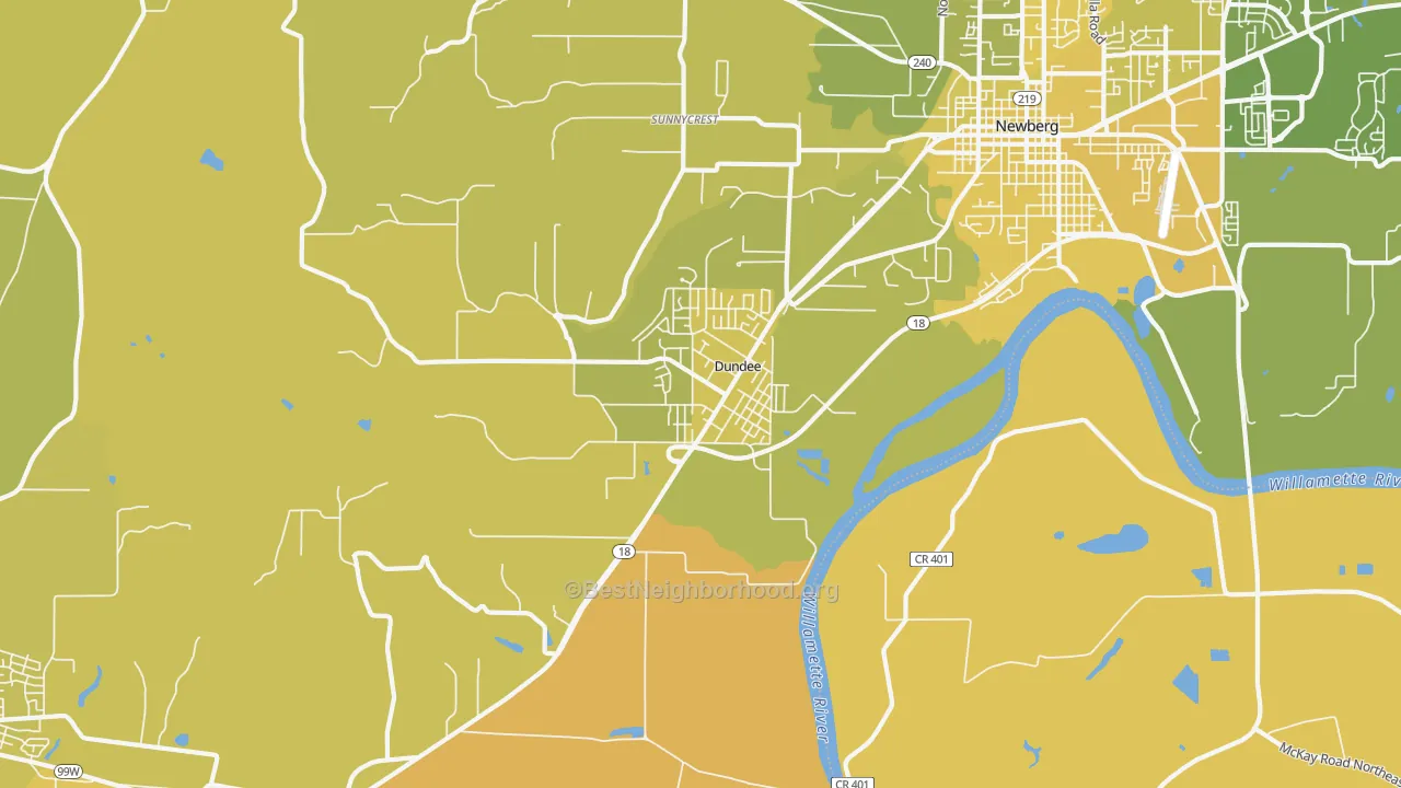 Map of the best neighborhoods in the Dundee area, with better matches in green and worse matches in red