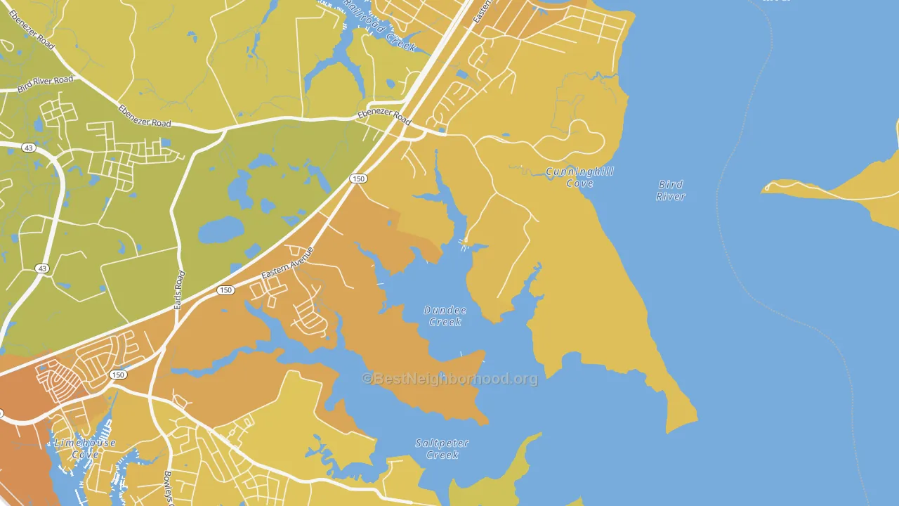 Map of the best neighborhoods in the Dundee Village area, with better matches in green and worse matches in red