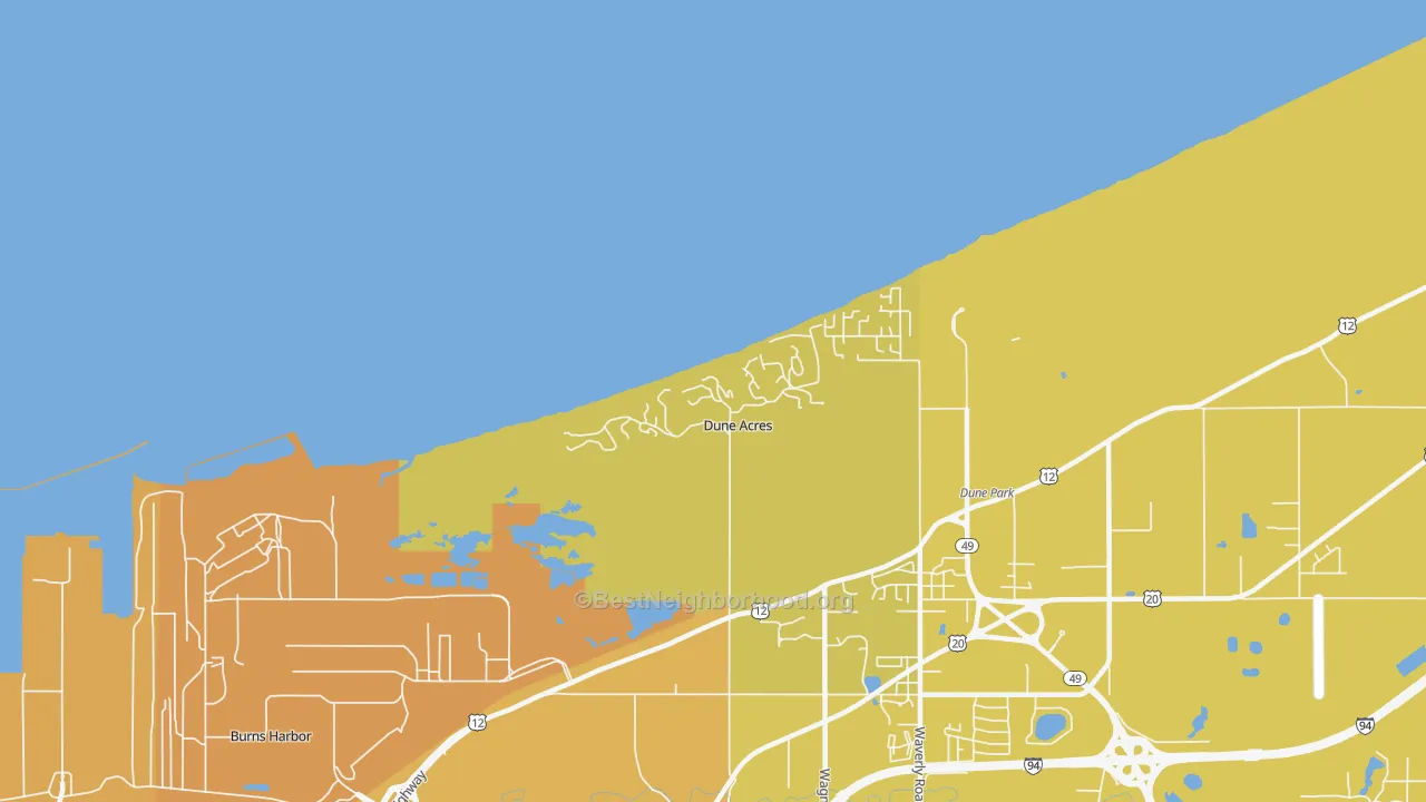 Map of the best neighborhoods in the Dune Acres area, with better matches in green and worse matches in red